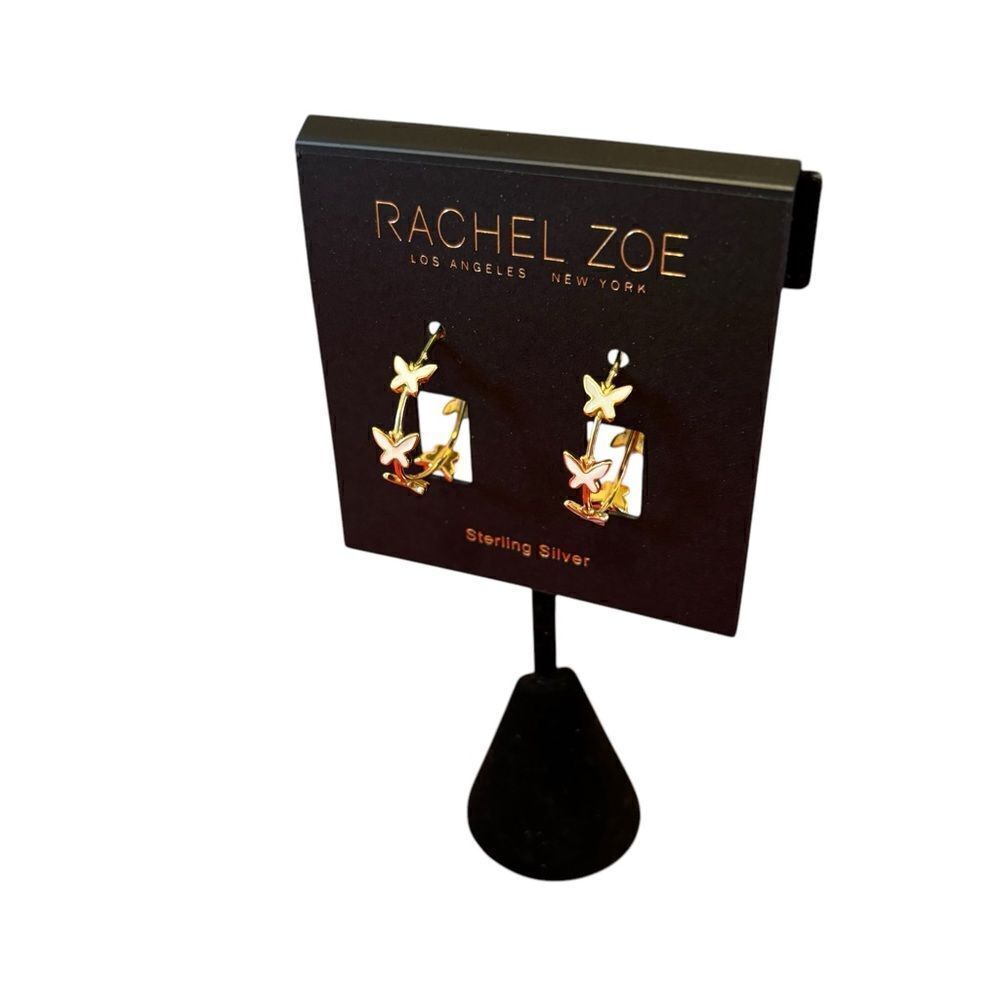 Rachel Zoe Sterling Silver White & Gold Toned Butterfly C Hoop Earrings. - Picture 3 of 6